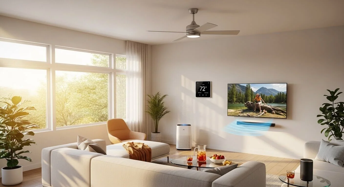 Living room with natural light and ceiling fan to Save Energy at Home.
