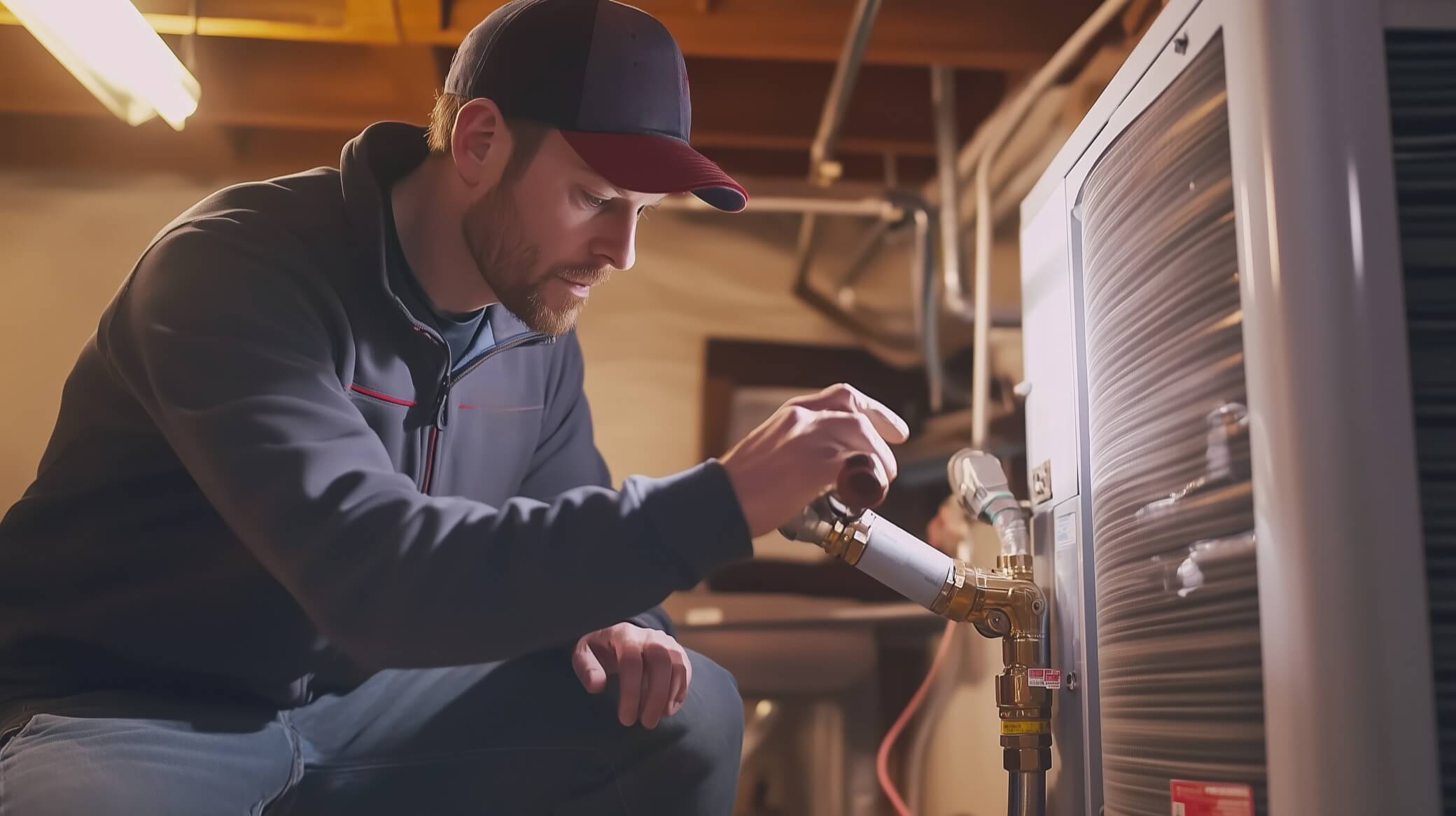 Man in a baseball cap works on a valve of an HVAC unit in a basement setting.