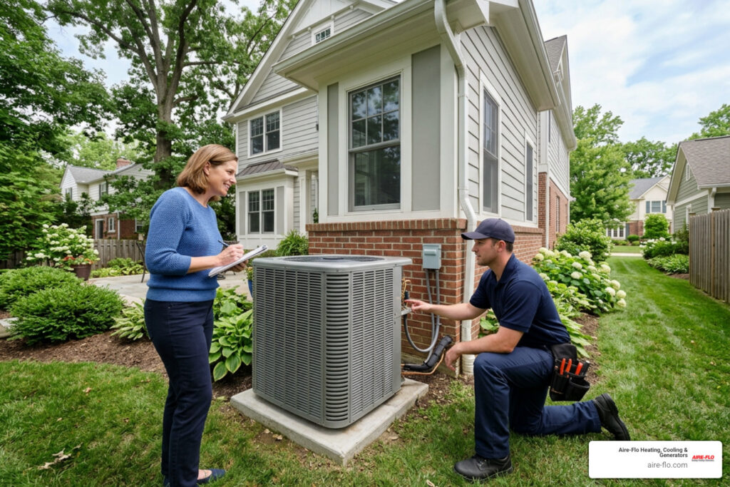 homeowner and HVAC technician evaluating a full-home central AC unit outside an Upper Arlington house