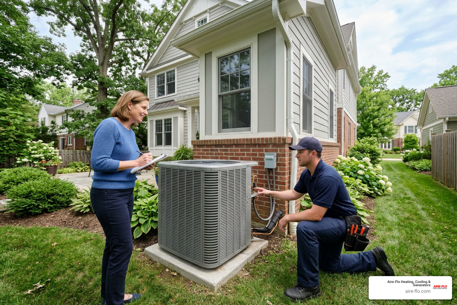 homeowner and HVAC technician evaluating a full-home central AC unit outside an Upper Arlington house