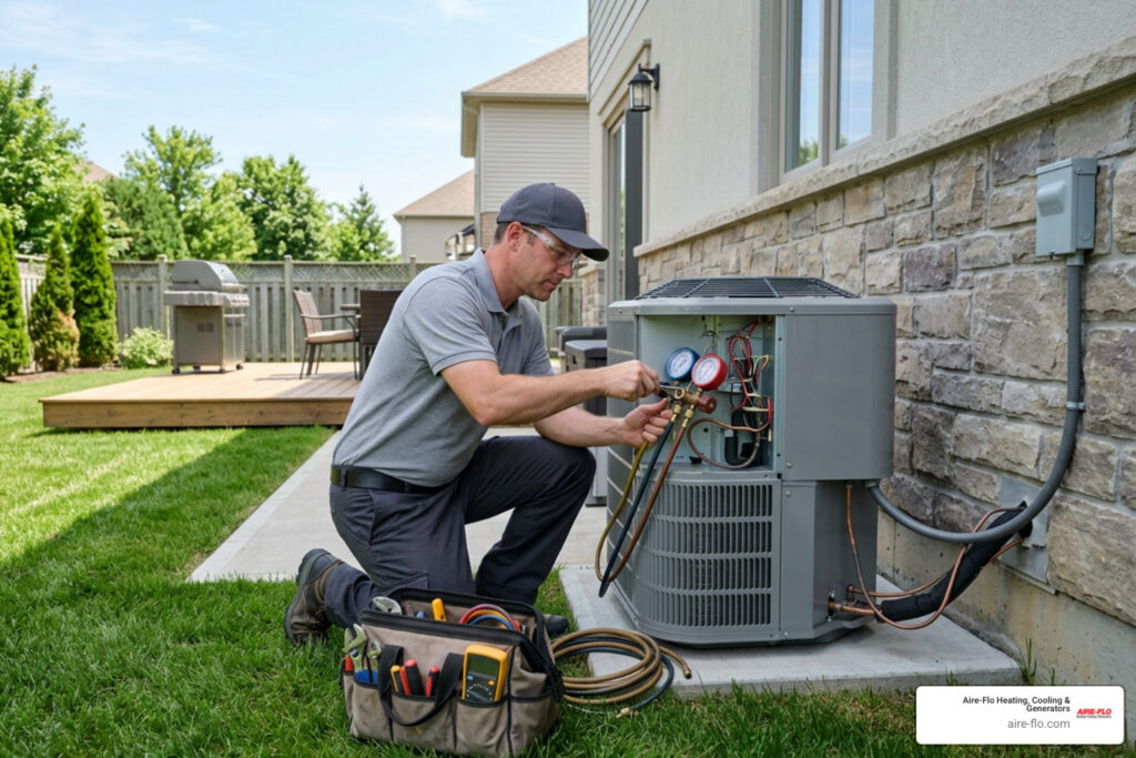 professional HVAC technician repairing an outdoor AC unit at a clean suburban Columbus home