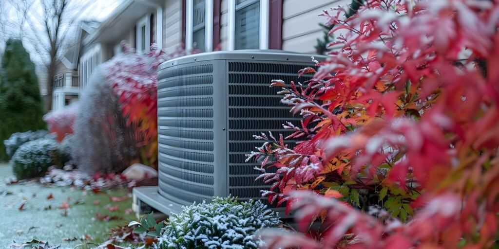 HVAC technician servicing an AC condenser outside an older Columbus home