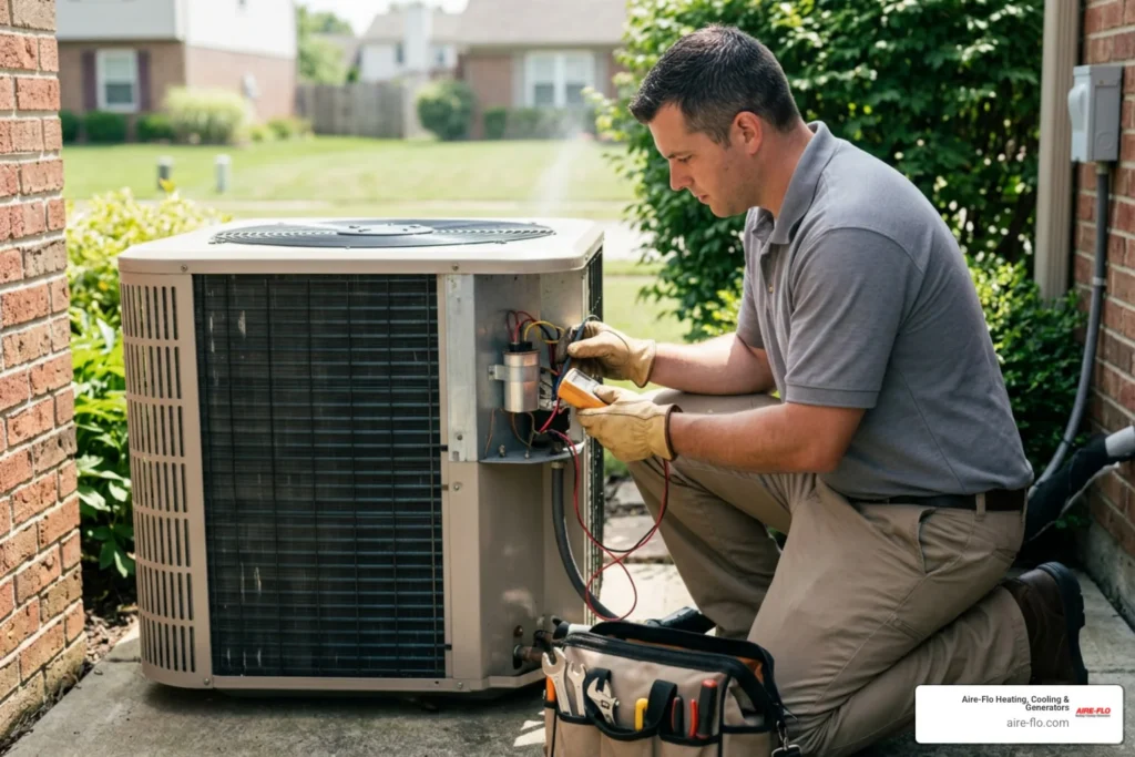 HVAC technician inspecting an outdoor AC unit capacitor for failure