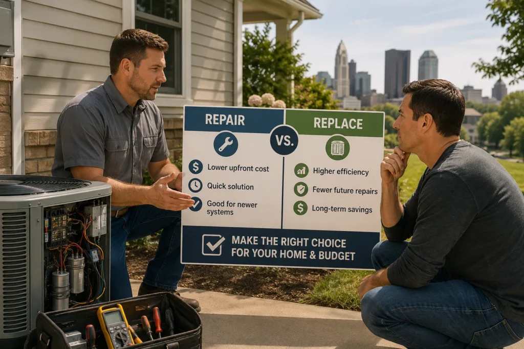 AC repair vs replace Columbus decision framework with HVAC technician and homeowner