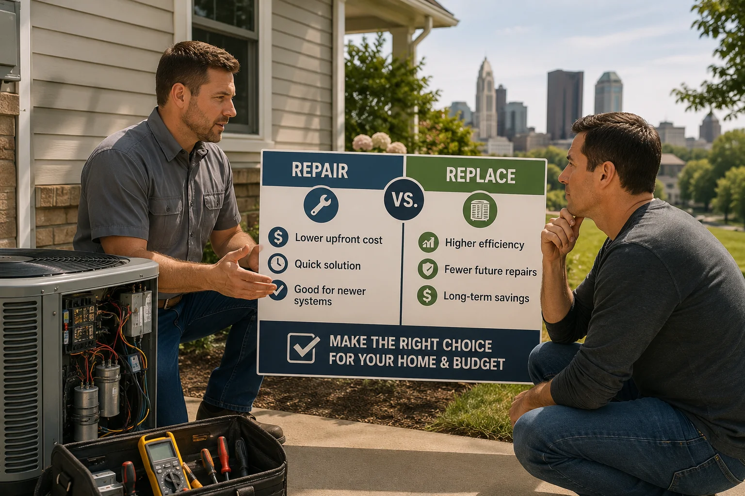 AC repair vs replace Columbus decision framework with HVAC technician and homeowner