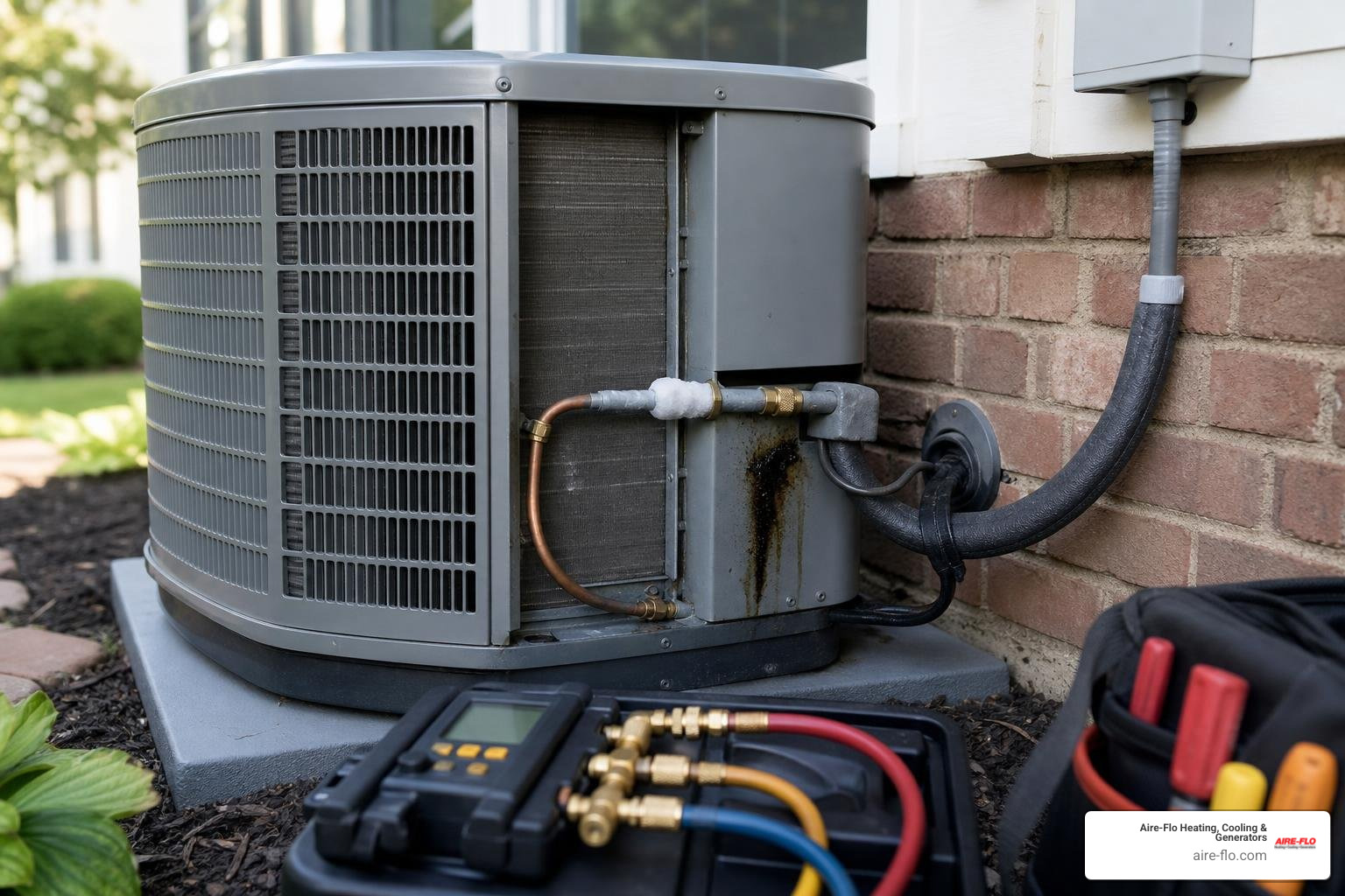 AC refrigerant leak warning signs on residential outdoor AC unit