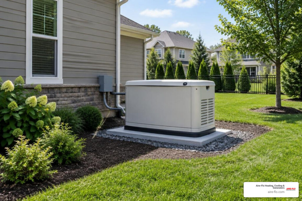 Standby generator on a level pad with clear space from home openings and landscaping