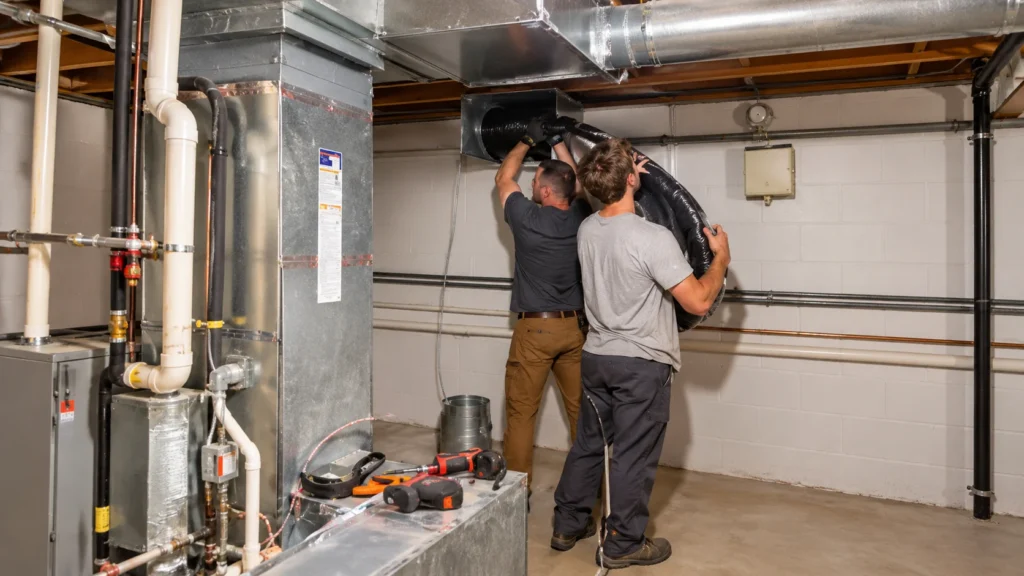 HVAC technician inspecting new furnace ductwork in a clean residential basement